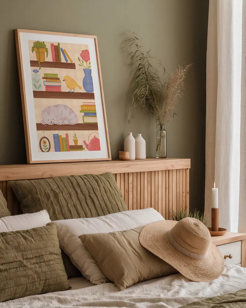 Cozy Readers Club V by Lindley Wiesner. shown as a paper print in a natural frame. Available as a archival giclee rolled canvas, fine art paper, or poster print. SKU 97932h.