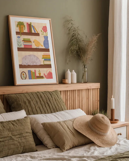 Cozy Readers Club V by Lindley Wiesner. shown as a paper print in a natural frame. Available as a archival giclee rolled canvas, fine art paper, or poster print. SKU 97932h.