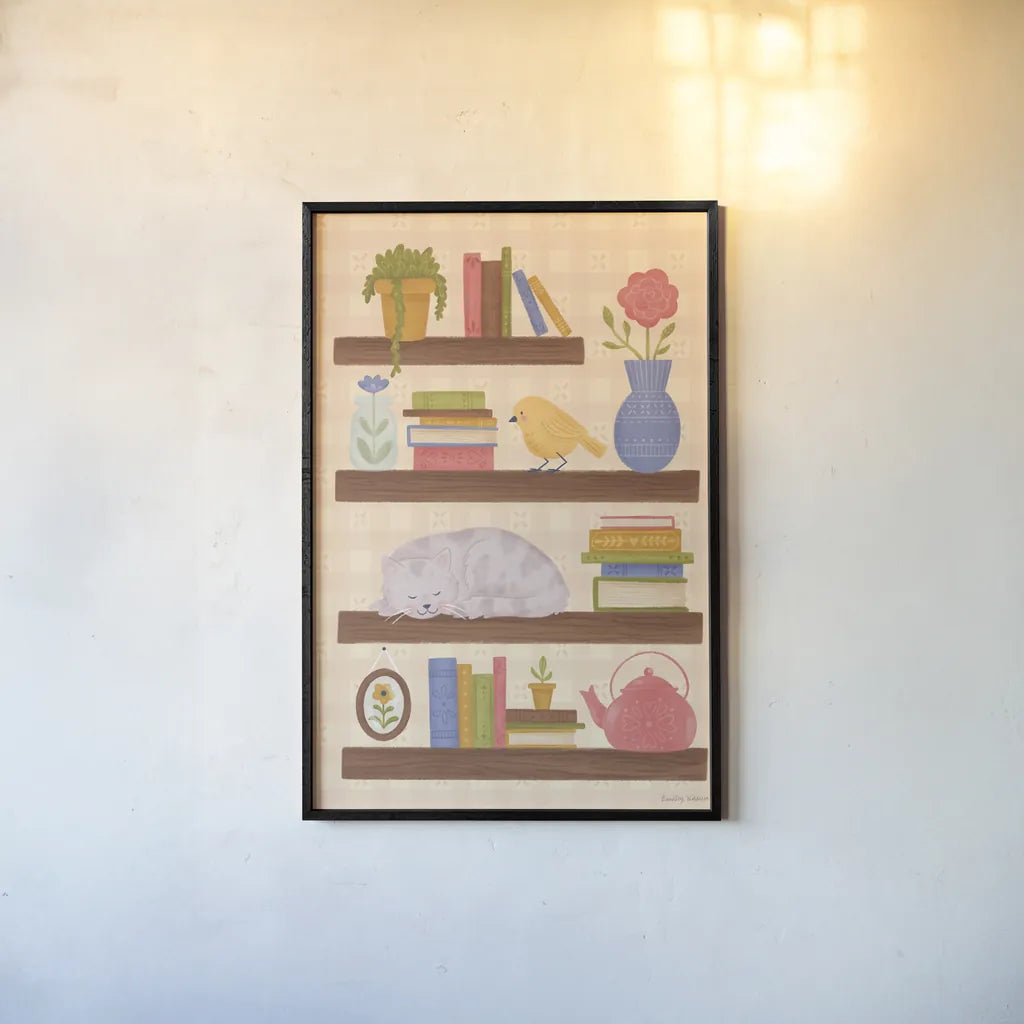 Cozy Readers Club V by Lindley Wiesner. shown as a paper print in a black flame. Available as a archival giclee rolled canvas, fine art paper, or poster print. SKU 97932h.
