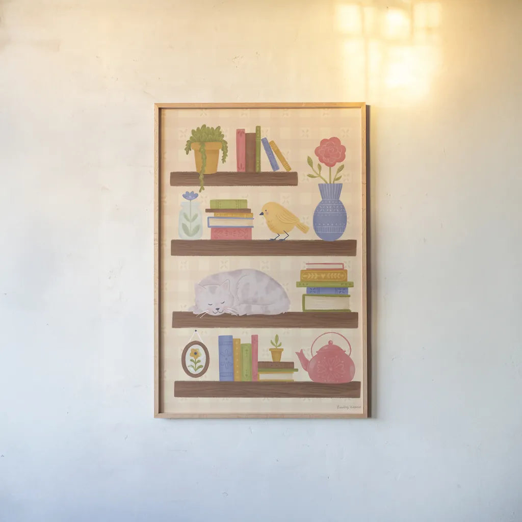 Cozy Readers Club V by Lindley Wiesner. shown as a paper print in a natural frame. Available as a archival giclee rolled canvas, fine art paper, or poster print. SKU 97932h.