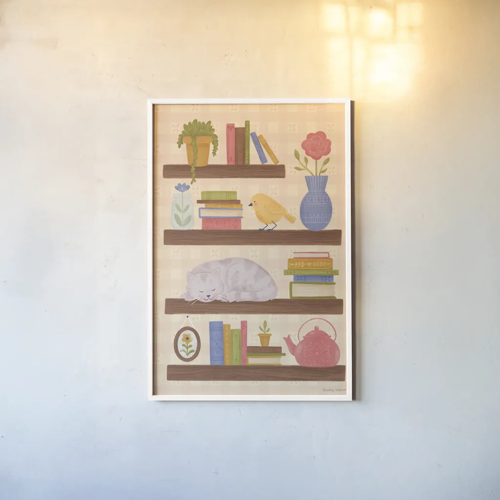 Cozy Readers Club V by Lindley Wiesner. shown as a paper print in a white frame. Available as a archival giclee rolled canvas, fine art paper, or poster print. SKU 97932h.