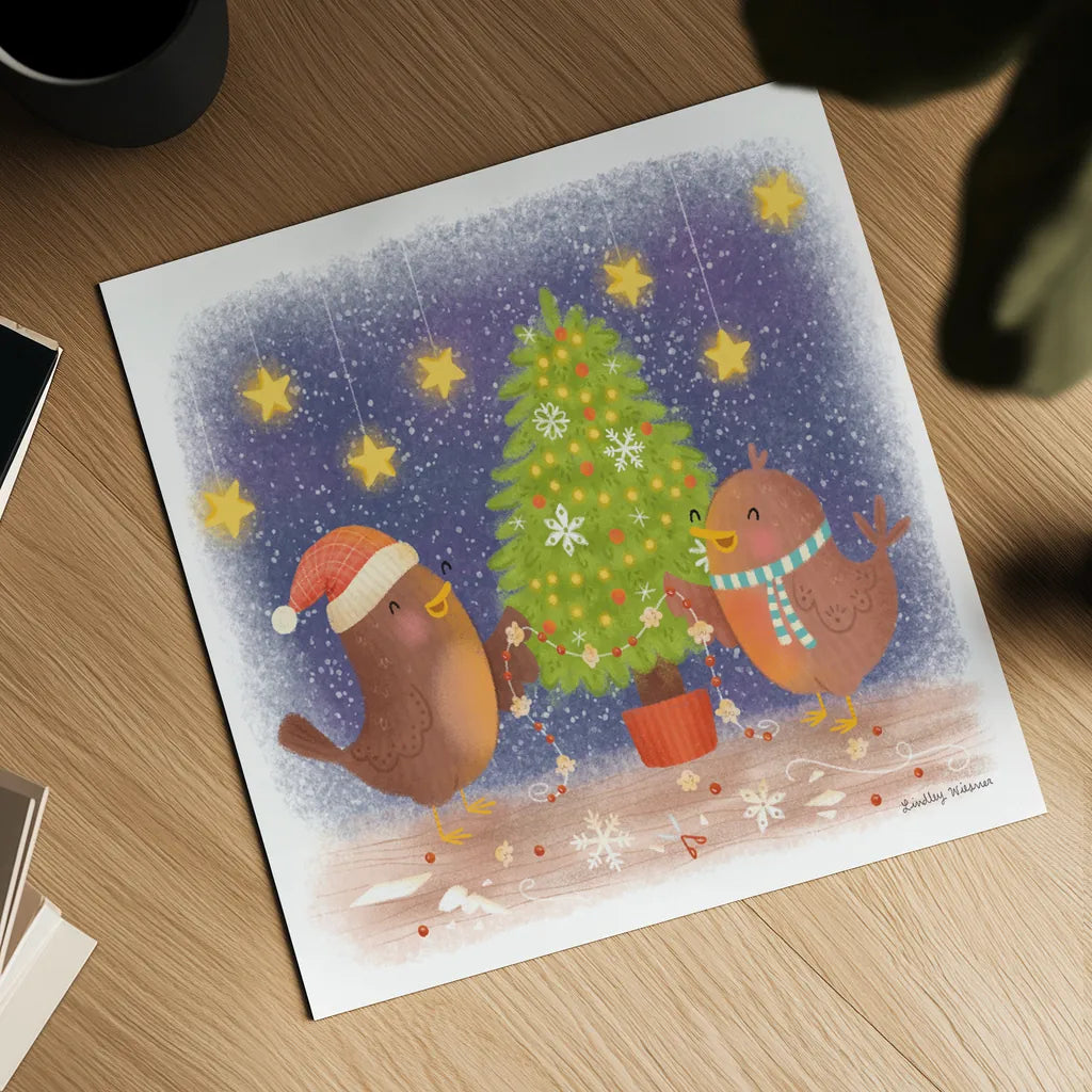 Crafty Birds by Lindley Wiesner. Shown as a detailed flat fine art print, highlighting archival giclee quality. Available as an archival giclee rolled canvas, fine art paper, or poster print. SKU 95976a.