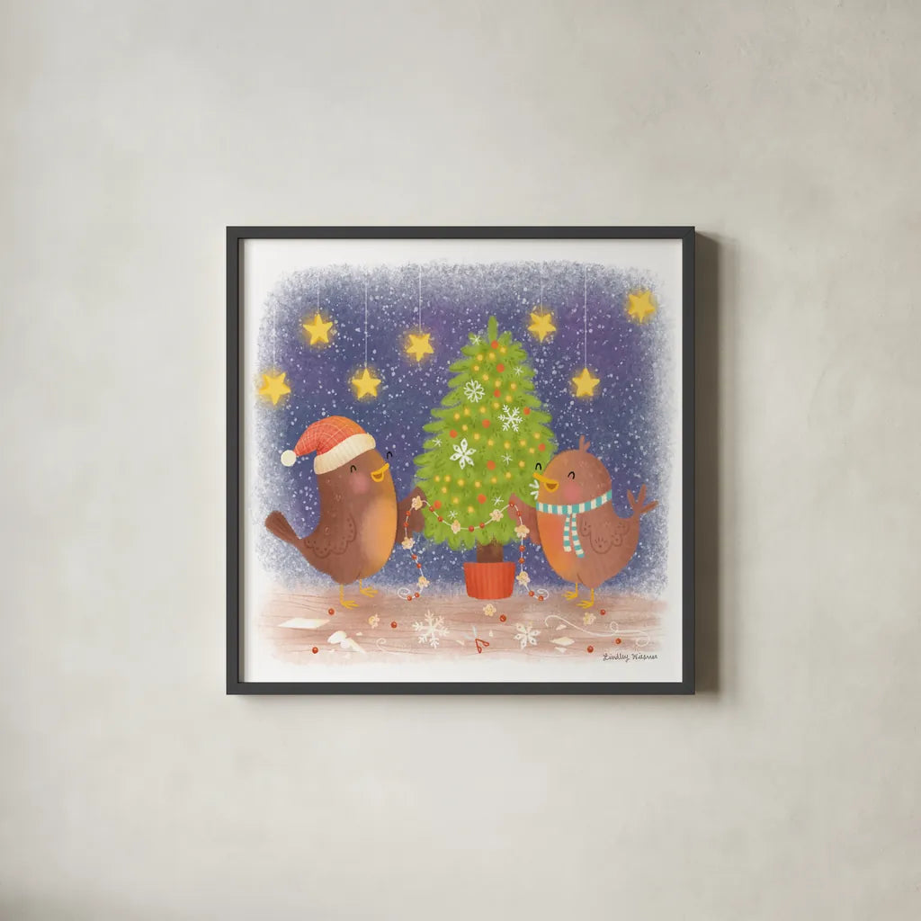 Crafty Birds by Lindley Wiesner. Shown in a sleek black glass frame for a contemporary gallery look. Available as an archival giclee rolled canvas, fine art paper, or poster print. SKU 95976a.