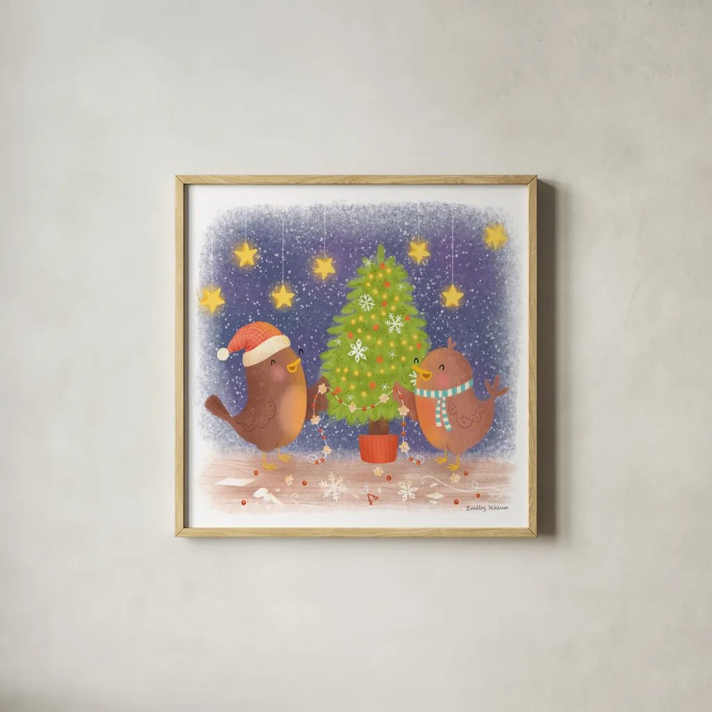 Crafty Birds by Lindley Wiesner. Shown in a natural wood glass frame for a timeless modern aesthetic. Available as an archival giclee rolled canvas, fine art paper, or poster print. SKU 95976a.