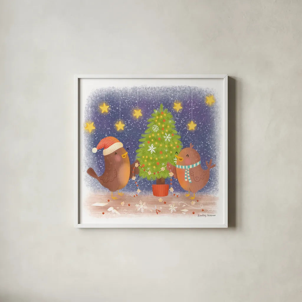 Crafty Birds by Lindley Wiesner. Shown in a crisp white glass frame for a clean and minimalist style. Available as an archival giclee rolled canvas, fine art paper, or poster print. SKU 95976a.