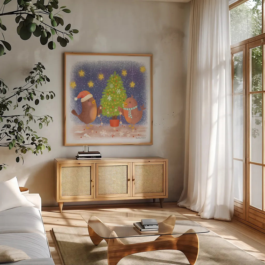 Crafty Birds by Lindley Wiesner. Shown in a natural wood frame in a cozy modern living room. Available as an archival giclee rolled canvas, fine art paper, or poster print. SKU 95976a.