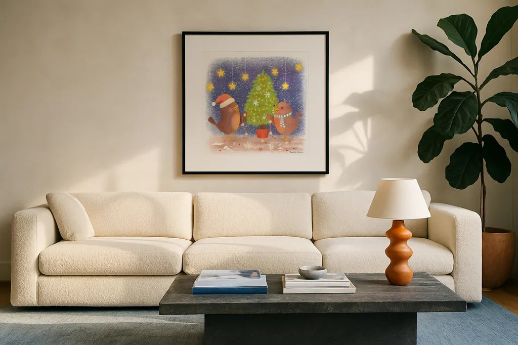Crafty Birds by Lindley Wiesner. Displayed in a glass frame with matte in a clean modern living room. Available as an archival giclee rolled canvas, fine art paper, or poster print. SKU 95976a.