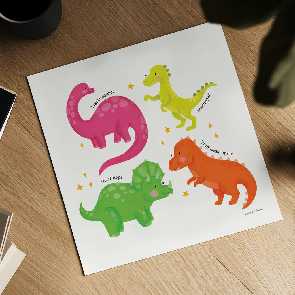 Dino Pals by Lindley Wiesner. Shown as a detailed flat fine art print, highlighting archival giclee quality. Available as an archival giclee rolled canvas, fine art paper, or poster print. SKU 98276a.