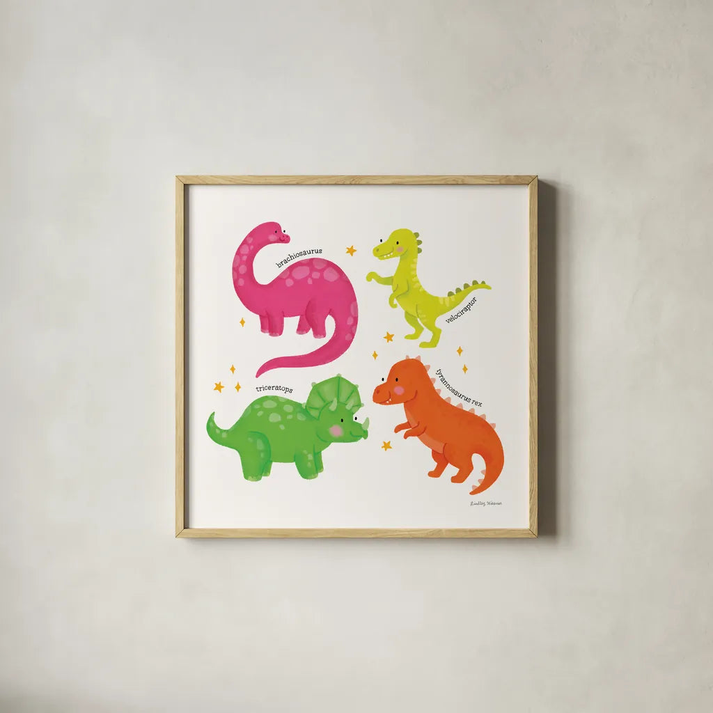 Dino Pals by Lindley Wiesner. Shown in a natural wood glass frame for a timeless modern aesthetic. Available as an archival giclee rolled canvas, fine art paper, or poster print. SKU 98276a.