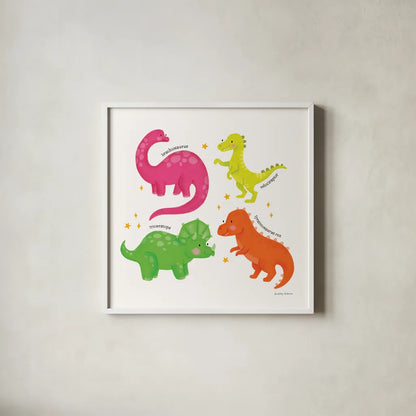 Dino Pals by Lindley Wiesner. Shown in a crisp white glass frame for a clean and minimalist style. Available as an archival giclee rolled canvas, fine art paper, or poster print. SKU 98276a.