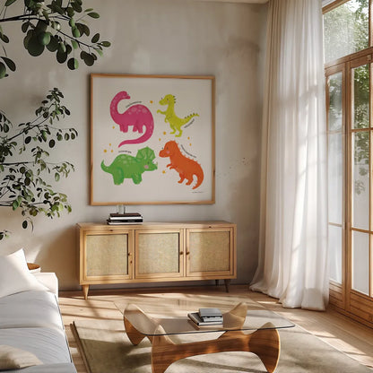 Dino Pals by Lindley Wiesner. Shown in a natural wood frame in a cozy modern living room. Available as an archival giclee rolled canvas, fine art paper, or poster print. SKU 98276a.