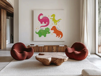 Dino Pals by Lindley Wiesner. Shown as extra-large giant wall art in a modern living room. Available as an archival giclee rolled canvas, fine art paper, or poster print. SKU 98276a.