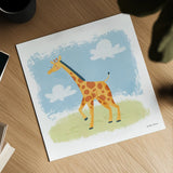 Happy Giraffe by Lindley Wiesner. Shown as a detailed flat fine art print, highlighting archival giclee quality. Available as an archival giclee rolled canvas, fine art paper, or poster print. SKU 98373a.