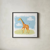 Happy Giraffe by Lindley Wiesner. Shown in a sleek black glass frame for a contemporary gallery look. Available as an archival giclee rolled canvas, fine art paper, or poster print. SKU 98373a.