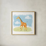 Happy Giraffe by Lindley Wiesner. Shown in a natural wood glass frame for a timeless modern aesthetic. Available as an archival giclee rolled canvas, fine art paper, or poster print. SKU 98373a.