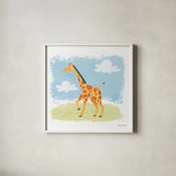 Happy Giraffe by Lindley Wiesner. Shown in a crisp white glass frame for a clean and minimalist style. Available as an archival giclee rolled canvas, fine art paper, or poster print. SKU 98373a.