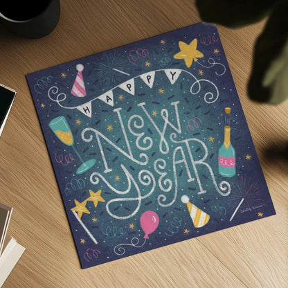 Happy New Year by Lindley Wiesner. Shown as a detailed flat fine art print, highlighting archival giclee quality. Available as an archival giclee rolled canvas, fine art paper, or poster print. SKU 95978a.