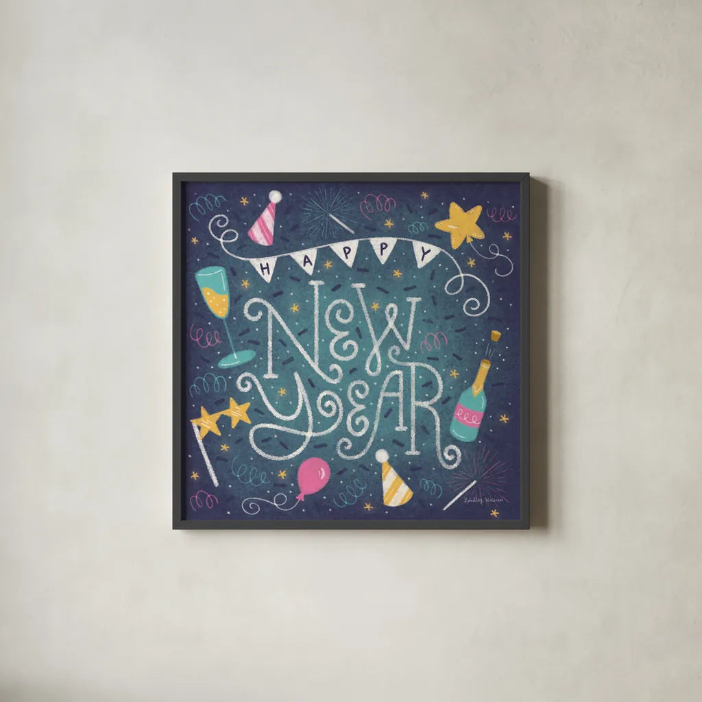 Happy New Year by Lindley Wiesner. Shown in a sleek black glass frame for a contemporary gallery look. Available as an archival giclee rolled canvas, fine art paper, or poster print. SKU 95978a.