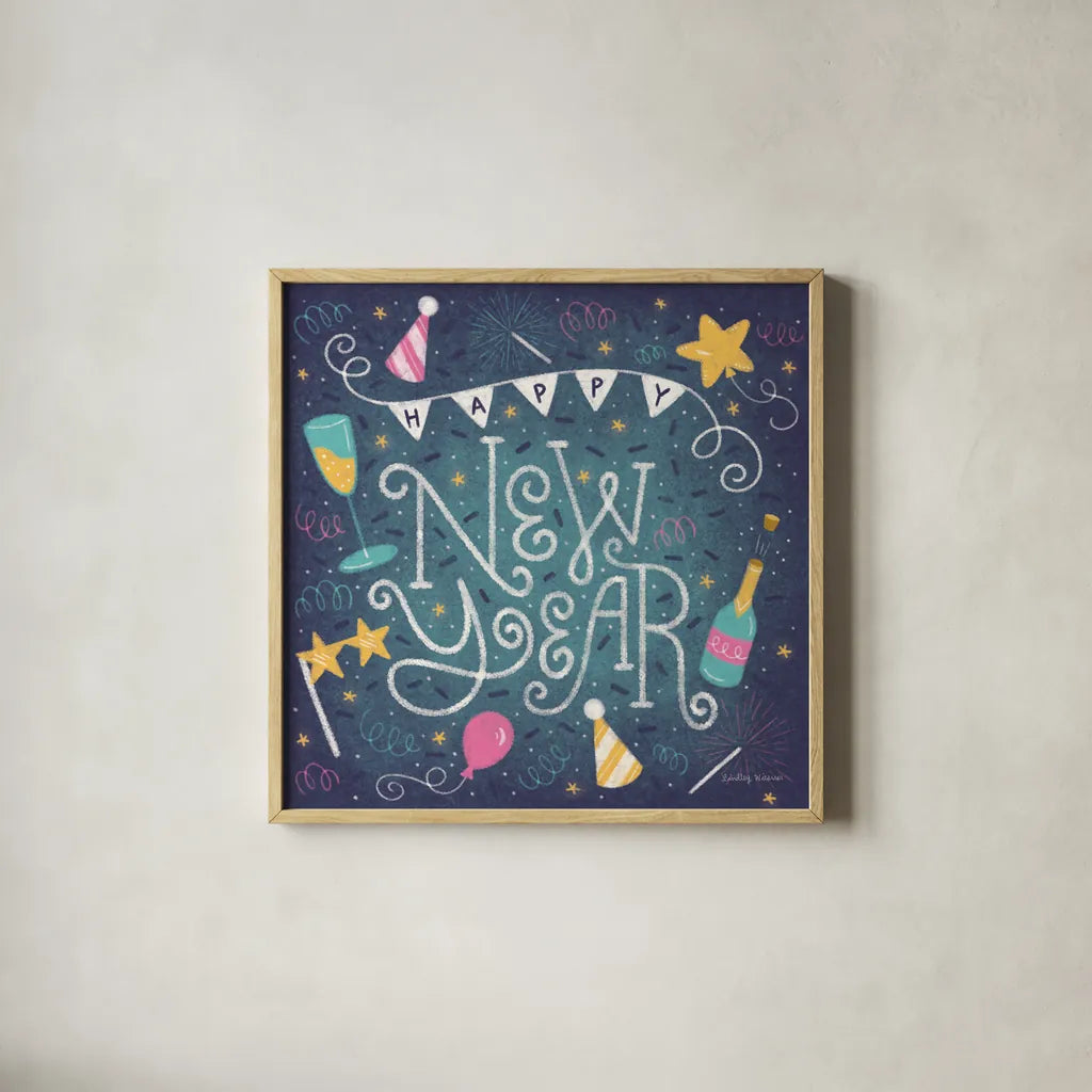 Happy New Year by Lindley Wiesner. Shown in a natural wood glass frame for a timeless modern aesthetic. Available as an archival giclee rolled canvas, fine art paper, or poster print. SKU 95978a.