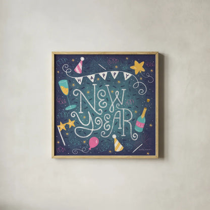 Happy New Year by Lindley Wiesner. Shown in a natural wood glass frame for a timeless modern aesthetic. Available as an archival giclee rolled canvas, fine art paper, or poster print. SKU 95978a.
