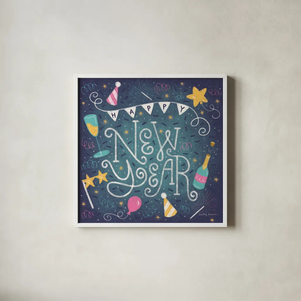 Happy New Year by Lindley Wiesner. Shown in a crisp white glass frame for a clean and minimalist style. Available as an archival giclee rolled canvas, fine art paper, or poster print. SKU 95978a.