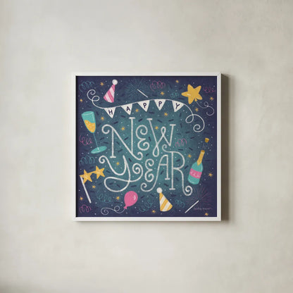 Happy New Year by Lindley Wiesner. Shown in a crisp white glass frame for a clean and minimalist style. Available as an archival giclee rolled canvas, fine art paper, or poster print. SKU 95978a.