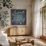 Happy New Year by Lindley Wiesner. Shown in a natural wood frame in a cozy modern living room. Available as an archival giclee rolled canvas, fine art paper, or poster print. SKU 95978a.