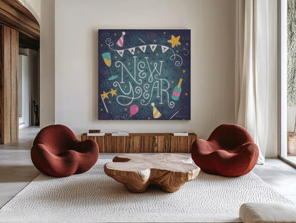 Happy New Year by Lindley Wiesner. Shown as extra-large giant wall art in a modern living room. Available as an archival giclee rolled canvas, fine art paper, or poster print. SKU 95978a.