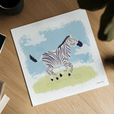 Happy Zebra by Lindley Wiesner. Shown as a detailed flat fine art print, highlighting archival giclee quality. Available as an archival giclee rolled canvas, fine art paper, or poster print. SKU 98372a.