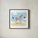 Happy Zebra by Lindley Wiesner. Shown in a sleek black glass frame for a contemporary gallery look. Available as an archival giclee rolled canvas, fine art paper, or poster print. SKU 98372a.