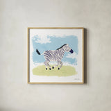 Happy Zebra by Lindley Wiesner. Shown in a natural wood glass frame for a timeless modern aesthetic. Available as an archival giclee rolled canvas, fine art paper, or poster print. SKU 98372a.