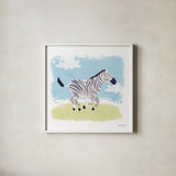 Happy Zebra by Lindley Wiesner. Shown in a crisp white glass frame for a clean and minimalist style. Available as an archival giclee rolled canvas, fine art paper, or poster print. SKU 98372a.