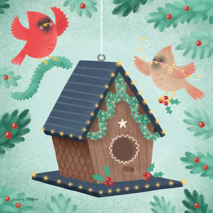 Holiday Birdhouse by Lindley Wiesner. SKU 93273a. Archival Giclee Fine art print for wall decor.