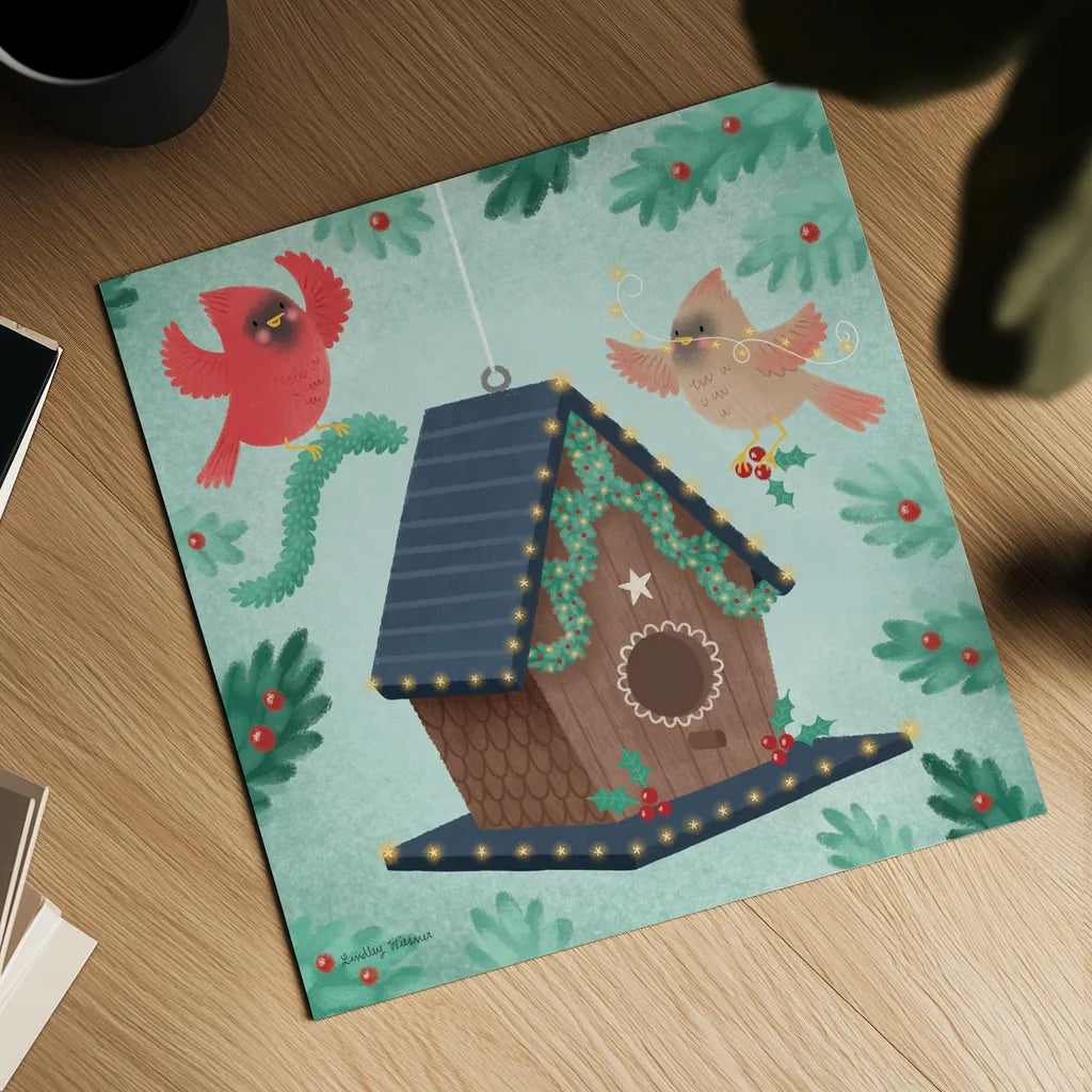 Holiday Birdhouse by Lindley Wiesner. Shown as a detailed flat fine art print, highlighting archival giclee quality. Available as an archival giclee rolled canvas, fine art paper, or poster print. SKU 93273a.