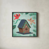 Holiday Birdhouse by Lindley Wiesner. Shown in a sleek black glass frame for a contemporary gallery look. Available as an archival giclee rolled canvas, fine art paper, or poster print. SKU 93273a.