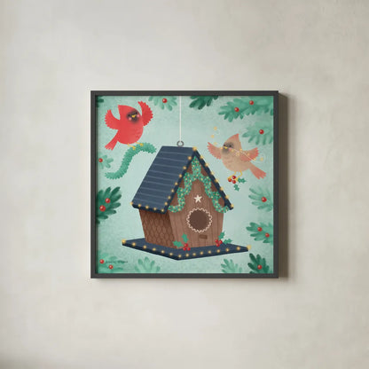 Holiday Birdhouse by Lindley Wiesner. Shown in a sleek black glass frame for a contemporary gallery look. Available as an archival giclee rolled canvas, fine art paper, or poster print. SKU 93273a.