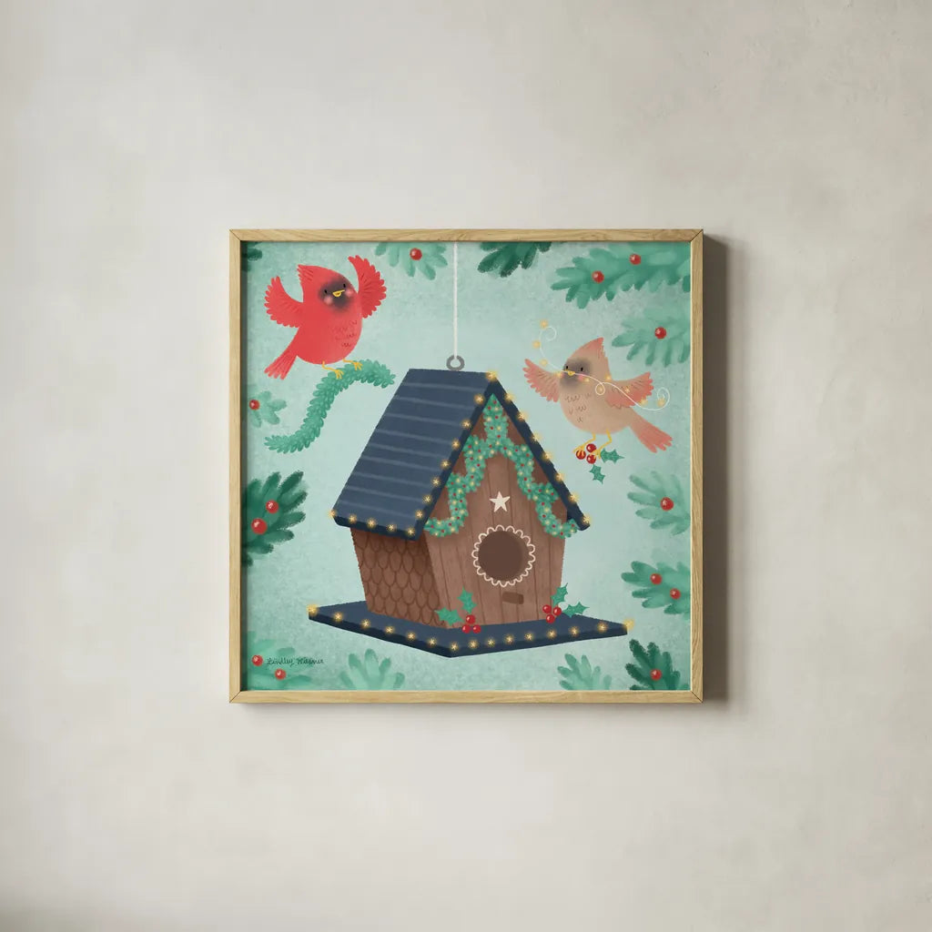 Holiday Birdhouse by Lindley Wiesner. Shown in a natural wood glass frame for a timeless modern aesthetic. Available as an archival giclee rolled canvas, fine art paper, or poster print. SKU 93273a.