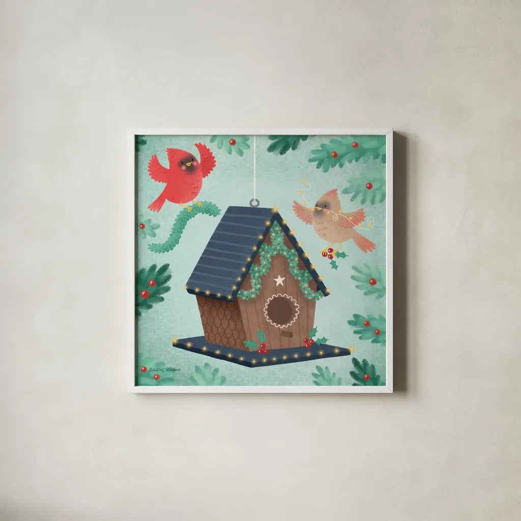 Holiday Birdhouse by Lindley Wiesner. Shown in a crisp white glass frame for a clean and minimalist style. Available as an archival giclee rolled canvas, fine art paper, or poster print. SKU 93273a.