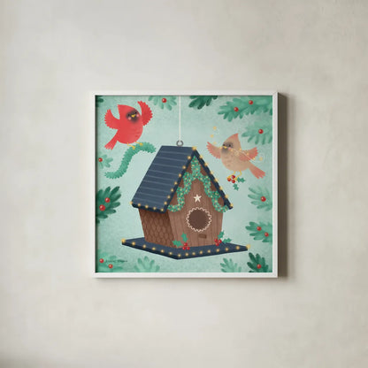 Holiday Birdhouse by Lindley Wiesner. Shown in a crisp white glass frame for a clean and minimalist style. Available as an archival giclee rolled canvas, fine art paper, or poster print. SKU 93273a.