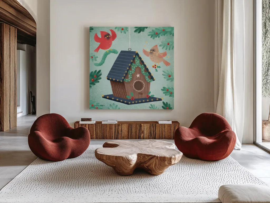 Holiday Birdhouse by Lindley Wiesner. Shown as extra-large giant wall art in a modern living room. Available as an archival giclee rolled canvas, fine art paper, or poster print. SKU 93273a.