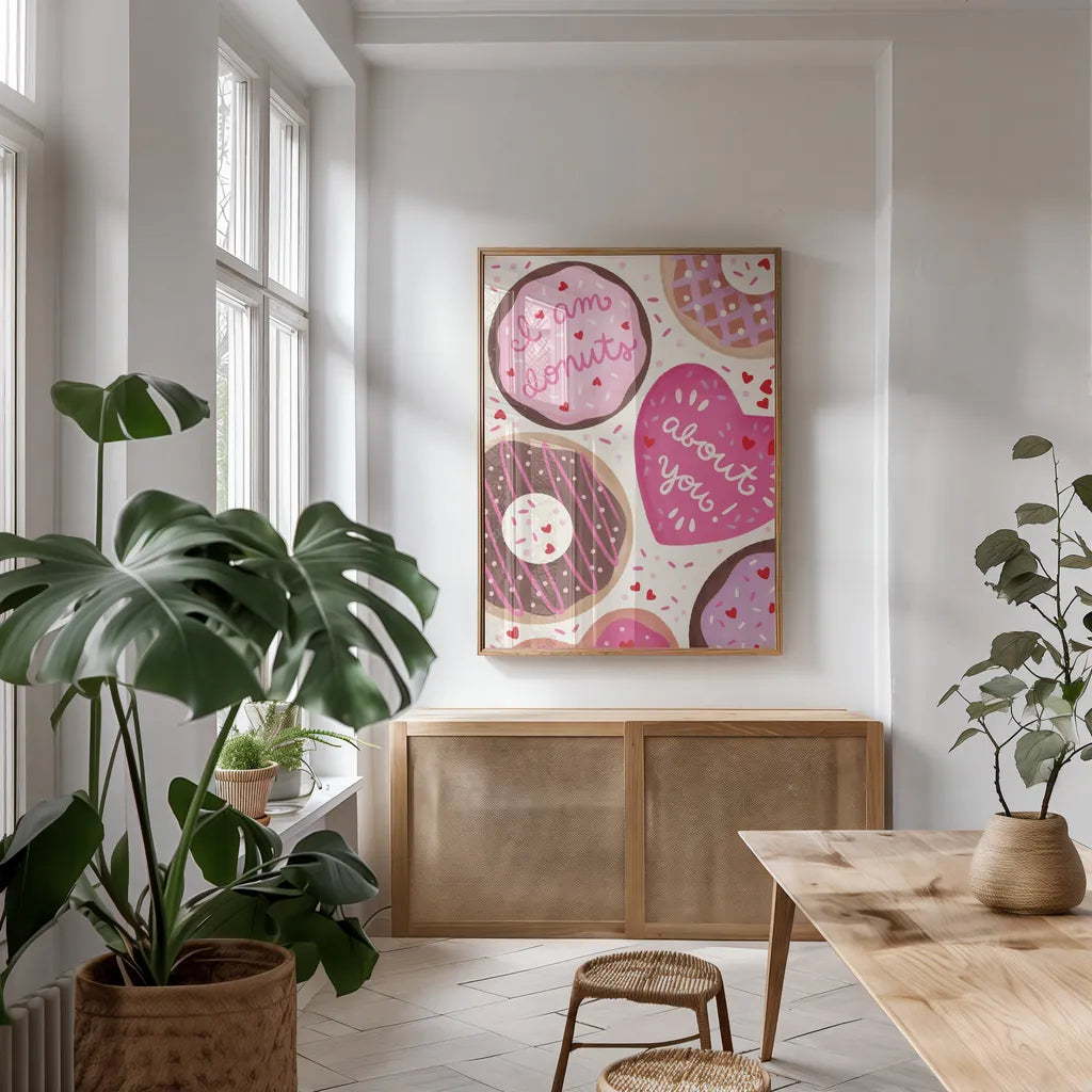 I Am Donuts About You by Lindley Wiesner. shown as a print in a natural wood frame in a dining room. Available as a archival giclee rolled canvas, fine art paper, or poster print. SKU 100037h.