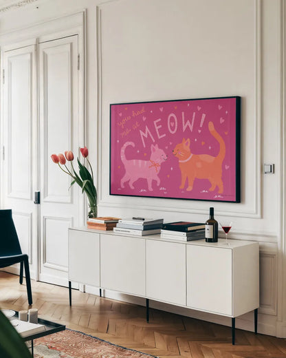 Purrfect Match I by Lindley Wiesner. shown as a framed stretched canvas in a living room above a console. Available as a archival giclee rolled canvas, fine art paper, or poster print. SKU 96897i.