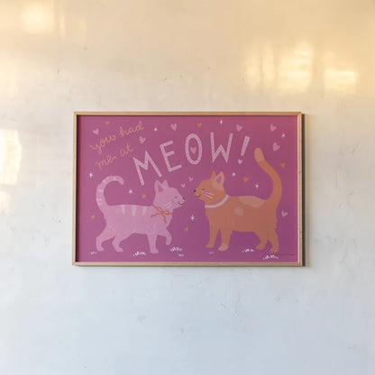 Purrfect Match I by Lindley Wiesner. shown as a paper print in a natural frame. Available as a archival giclee rolled canvas, fine art paper, or poster print. SKU 96897i.