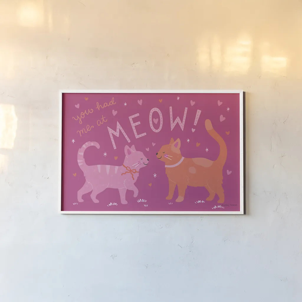 Purrfect Match I by Lindley Wiesner. shown as a paper print in a white frame. Available as a archival giclee rolled canvas, fine art paper, or poster print. SKU 96897i.