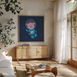 Space Tails II by Lindley Wiesner. Shown in a natural wood frame in a cozy modern living room. Available as an archival giclee rolled canvas, fine art paper, or poster print. SKU 98266a.