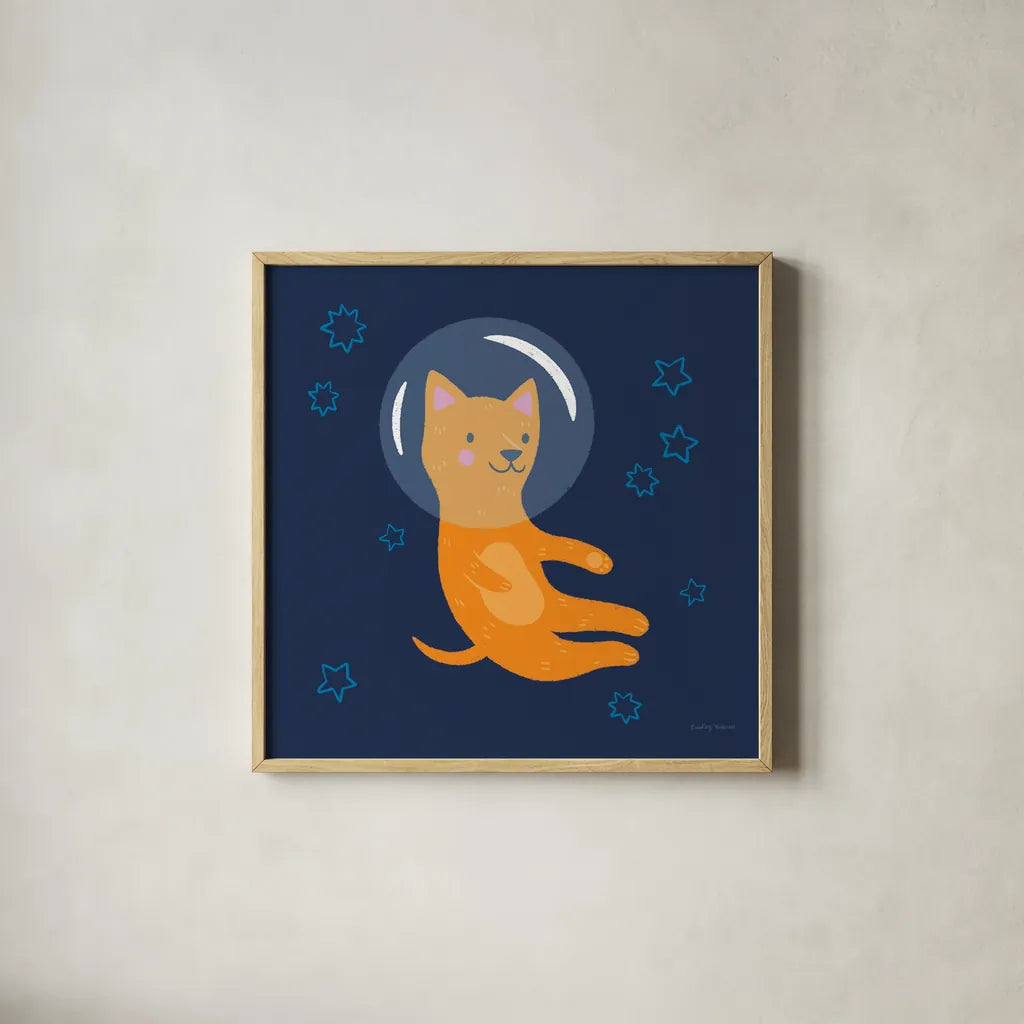Space Tails IV by Lindley Wiesner. Shown in a natural wood glass frame for a timeless modern aesthetic. Available as an archival giclee rolled canvas, fine art paper, or poster print. SKU 98268a.