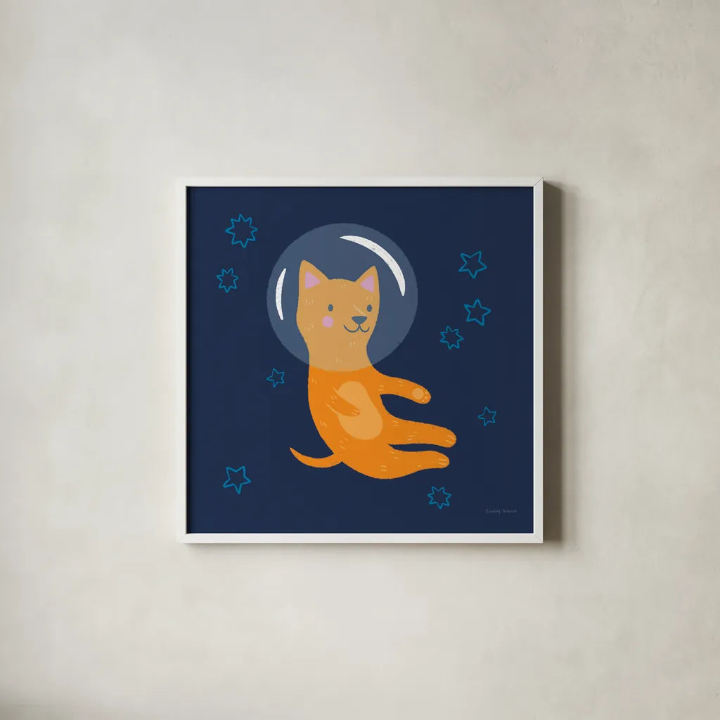 Space Tails IV by Lindley Wiesner. Shown in a crisp white glass frame for a clean and minimalist style. Available as an archival giclee rolled canvas, fine art paper, or poster print. SKU 98268a.