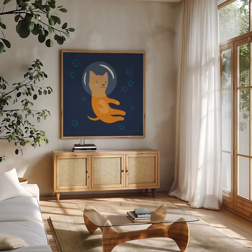 Space Tails IV by Lindley Wiesner. Shown in a natural wood frame in a cozy modern living room. Available as an archival giclee rolled canvas, fine art paper, or poster print. SKU 98268a.