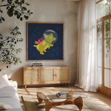 Space Tails V by Lindley Wiesner. Shown in a natural wood frame in a cozy modern living room. Available as an archival giclee rolled canvas, fine art paper, or poster print. SKU 98269a.