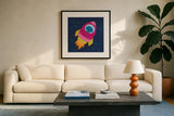 Space Tails VI by Lindley Wiesner. Displayed in a glass frame with matte in a clean modern living room. Available as an archival giclee rolled canvas, fine art paper, or poster print. SKU 98270a.